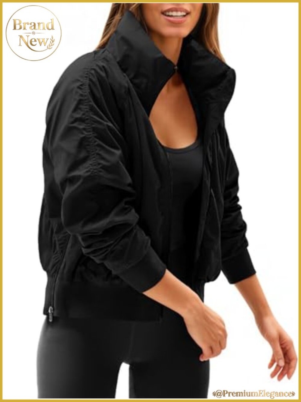 Fisoew Womens Crop Windbreaker Jacket Long Sleeve Zip Up Hidden Hood Bomber
